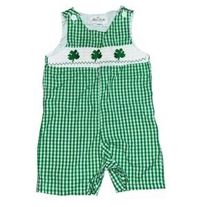 smocked embroidered shamrock Irish green gingham baby romper size 18-24 months